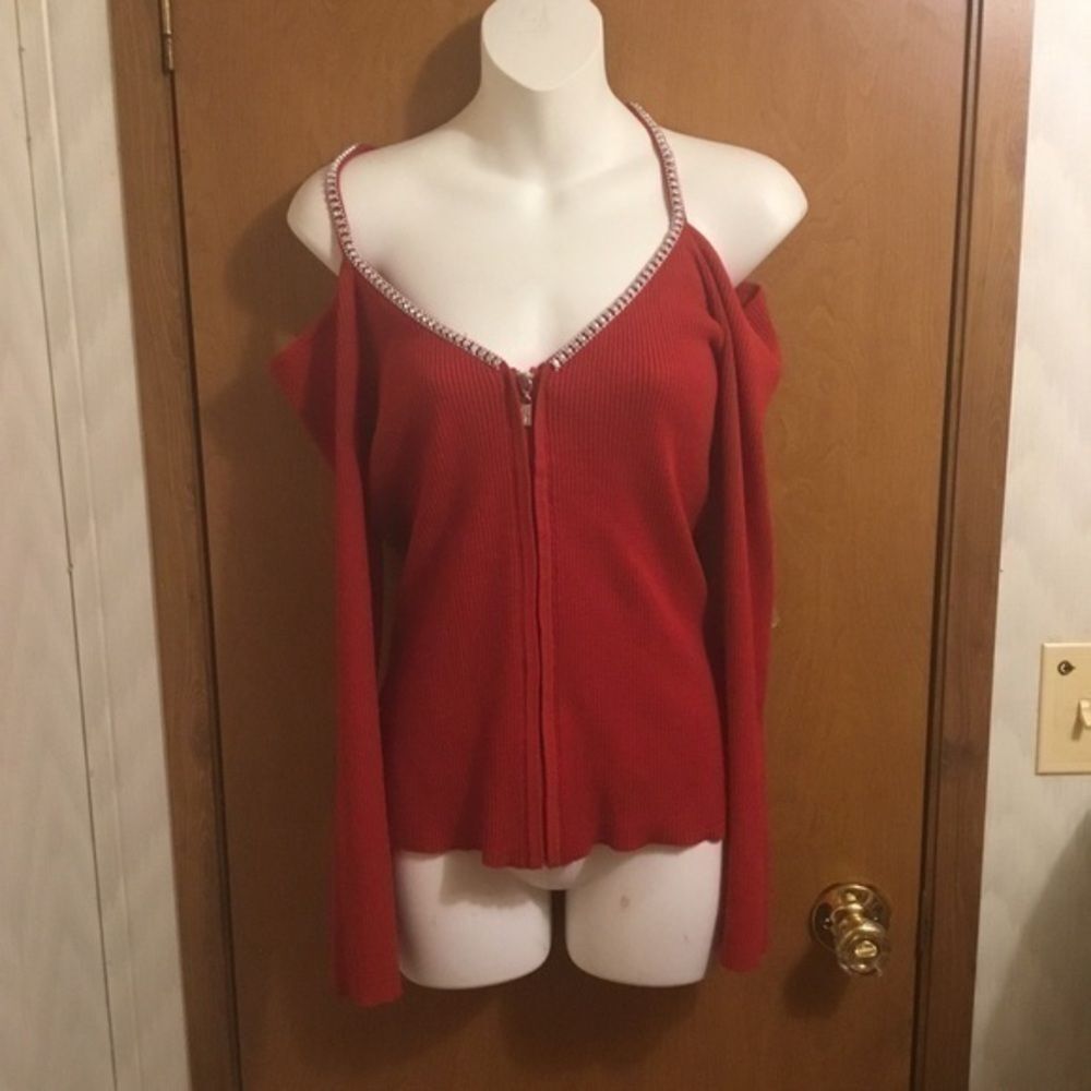 Venus Ribbed V neck  Long Sleeve Red Knit Top with Silver Rhinestones Accents M